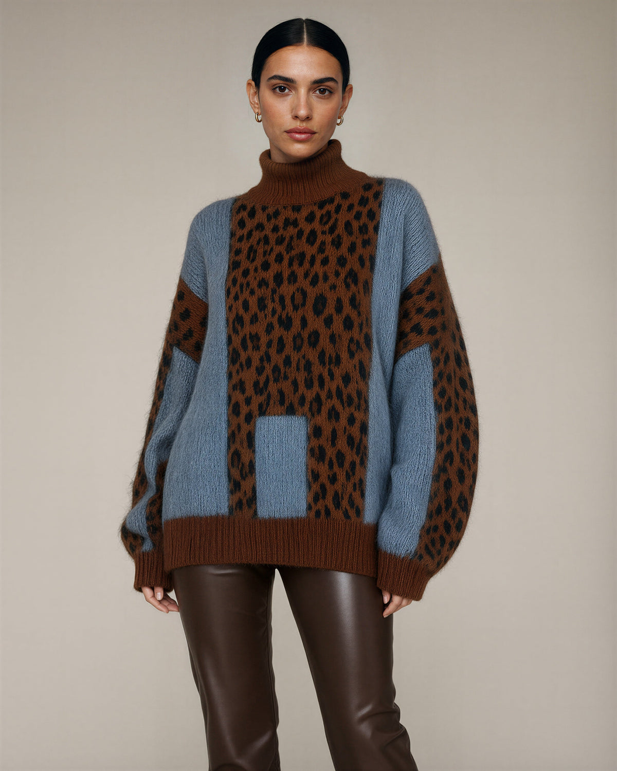 Zelinda Leopard Print Turtleneck Oversized Sweater, brown leopard, three quarter view