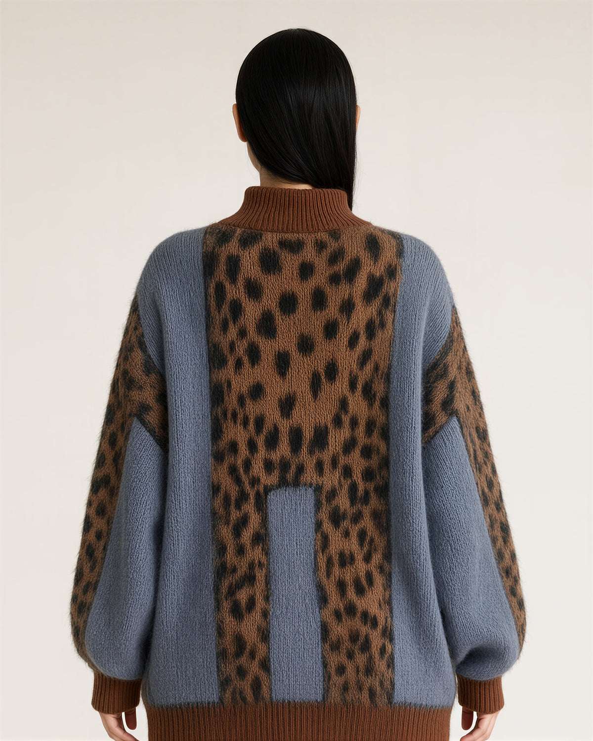 Zelinda Leopard Print Turtleneck Oversized Sweater, brown leopard, back view