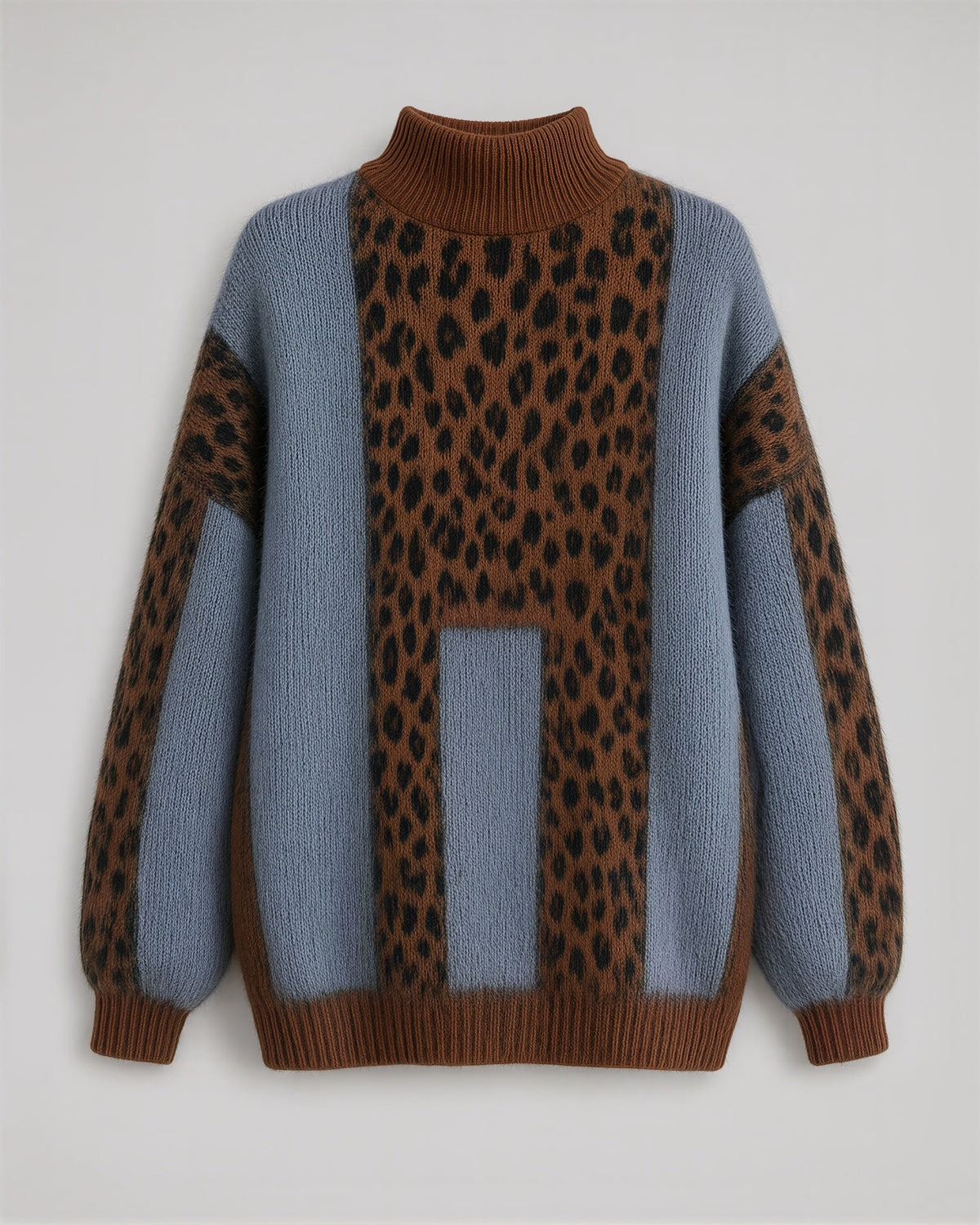 Zelinda Leopard Print Turtleneck Oversized Sweater, brown leopard, product view without a model