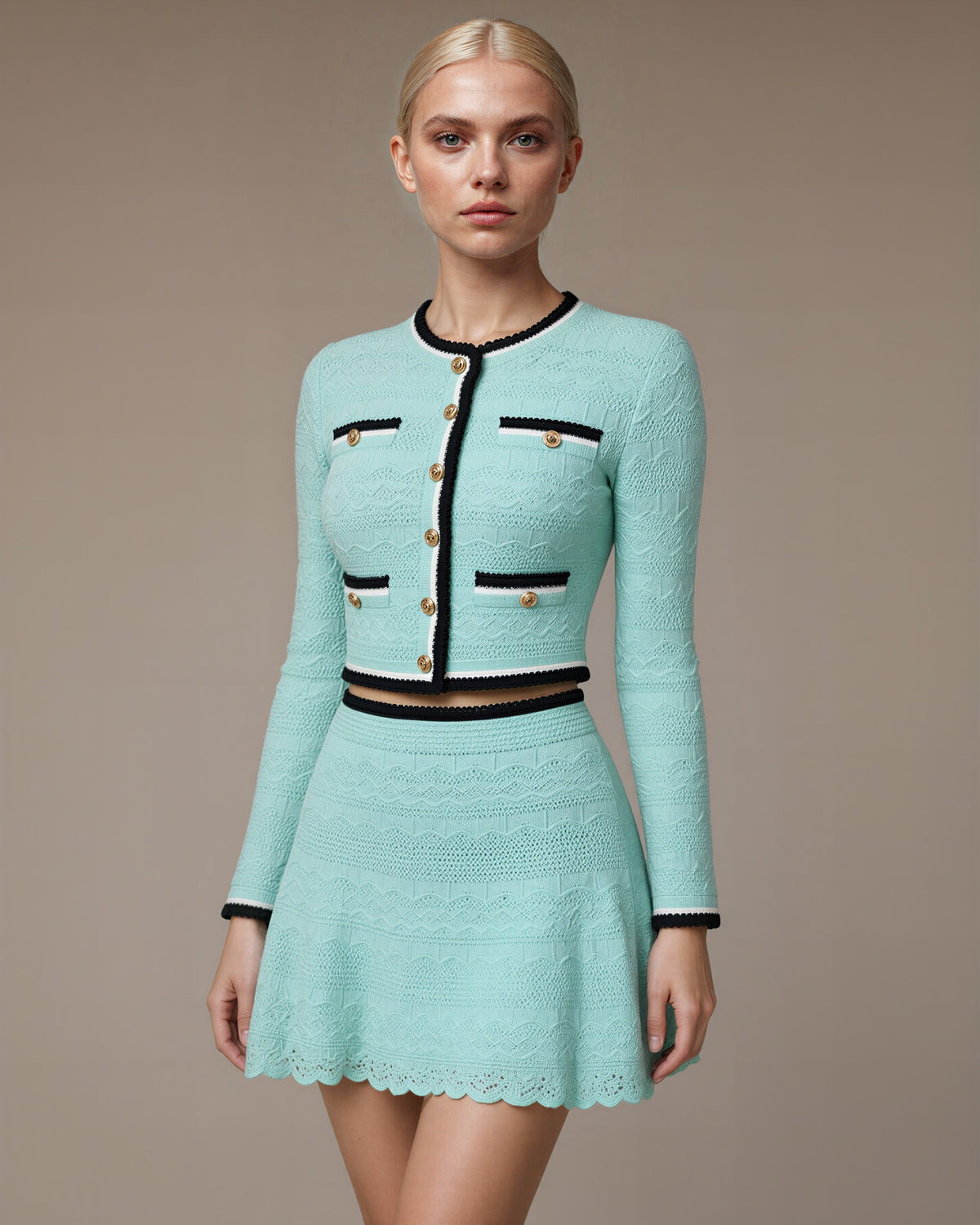 Zita Pointelle Knit Jacket and Mini Skirt Set, mint green, three quarter view