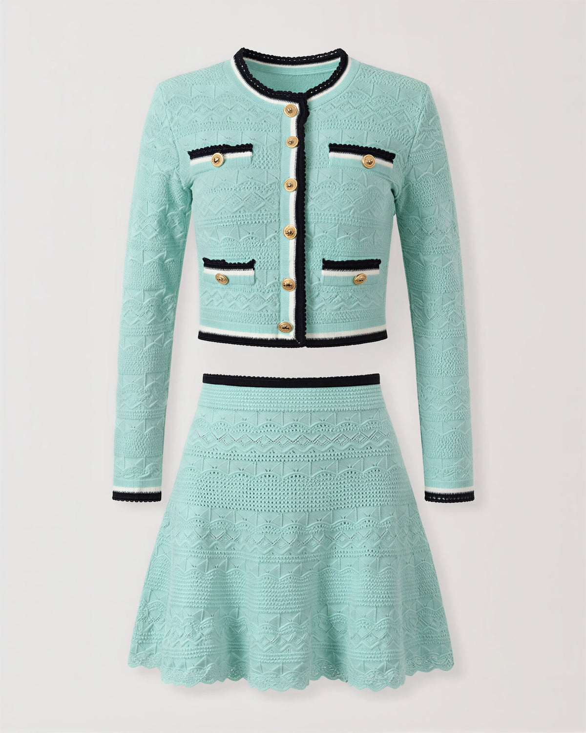 Zita Pointelle Knit Jacket and Mini Skirt Set, mint green, product view without a model