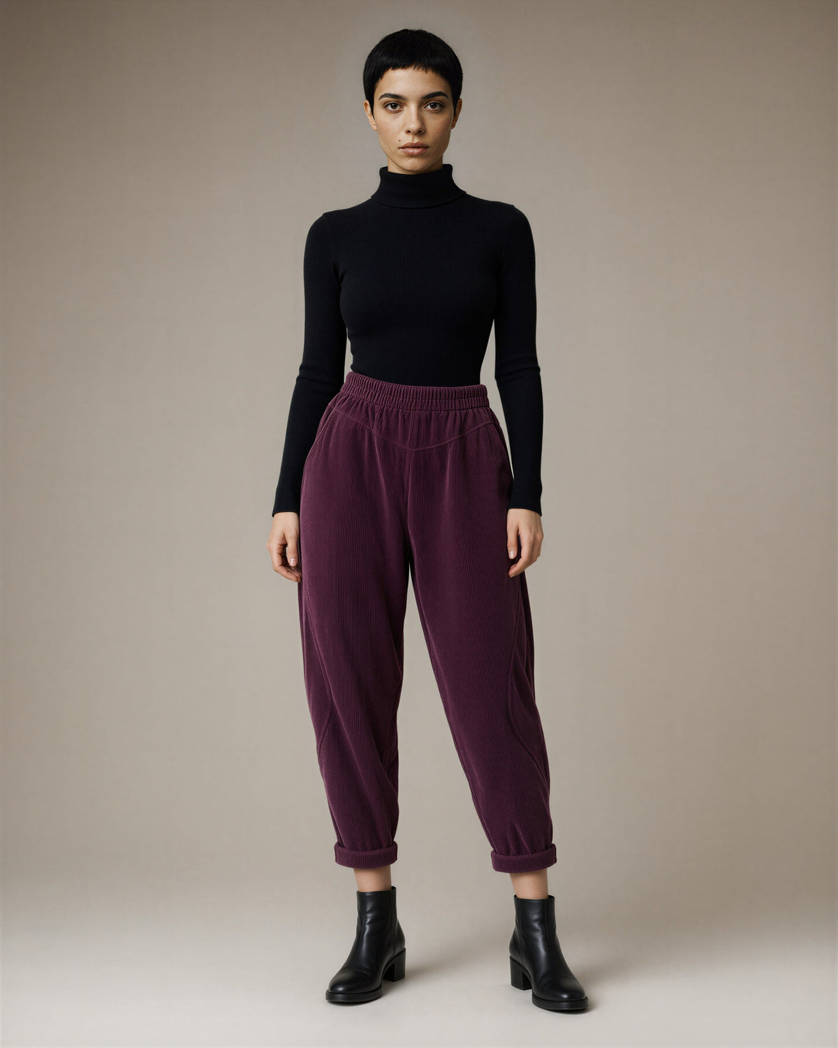 Zoe Elasticated Waist Corduroy Harem Trousers, plum, full length front view