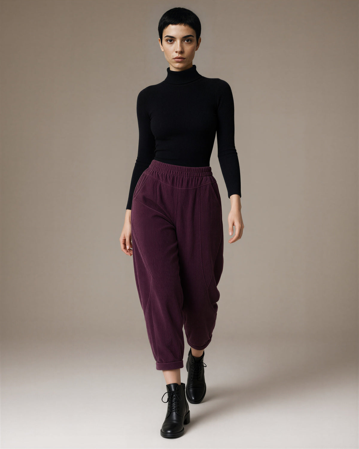Zoe Elasticated Waist Corduroy Harem Trousers, plum, full length walking view