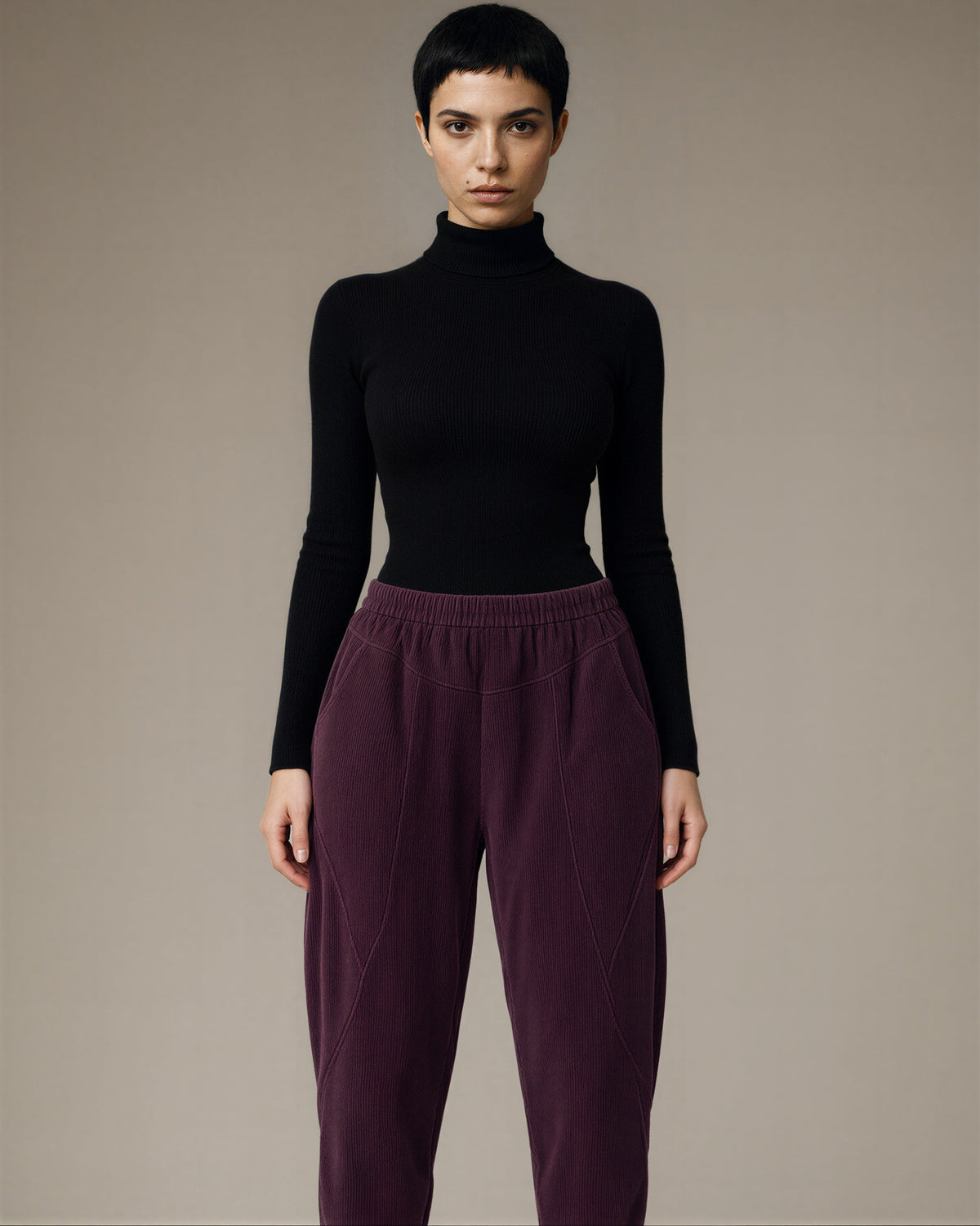 Zoe Elasticated Waist Corduroy Harem Trousers, plum, front view