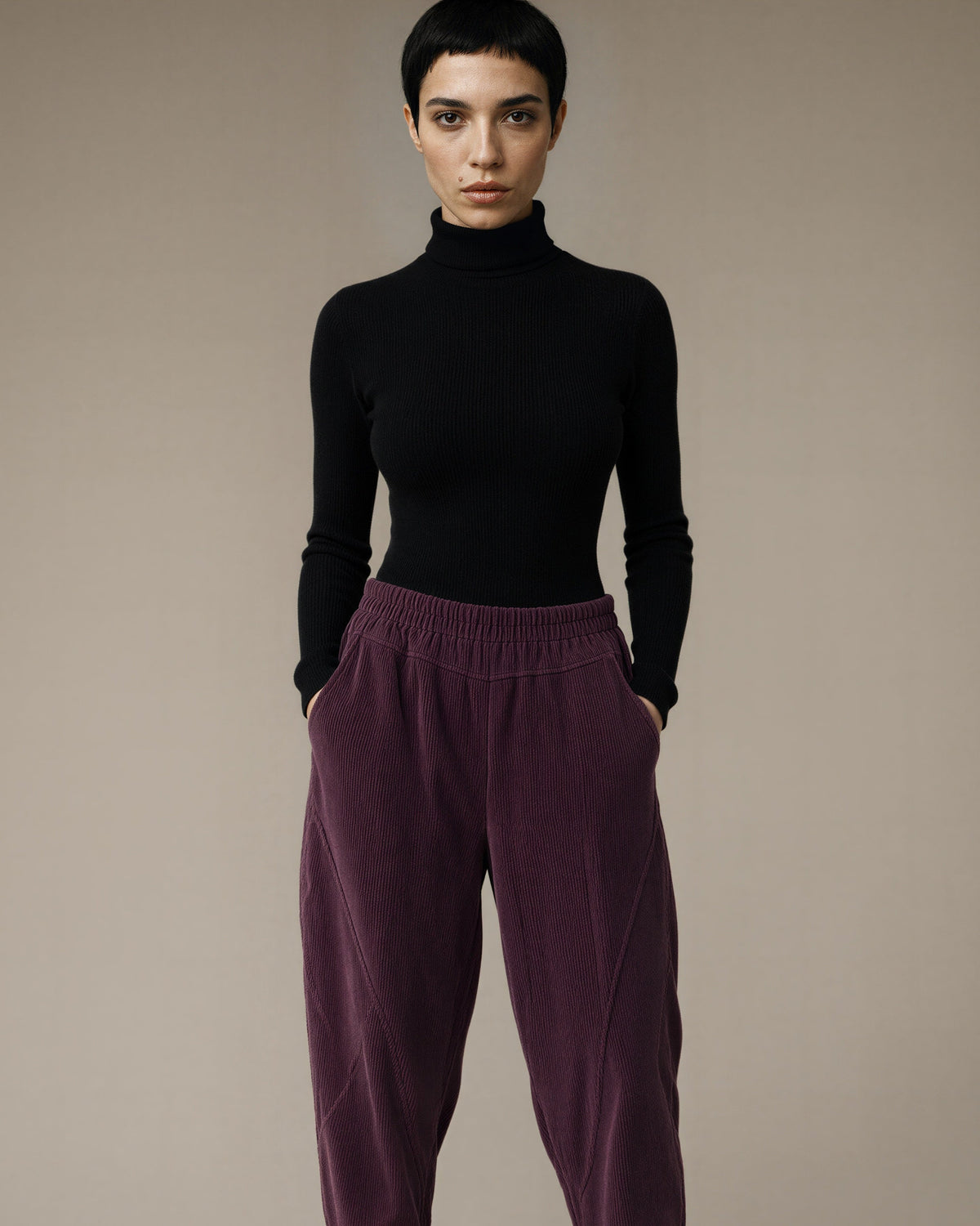 Zoe Elasticated Waist Corduroy Harem Trousers, plum, front, hands in pockets
