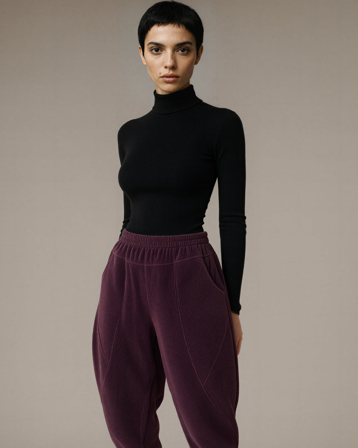 Zoe Elasticated Waist Corduroy Harem Trousers, plum, three quarter view