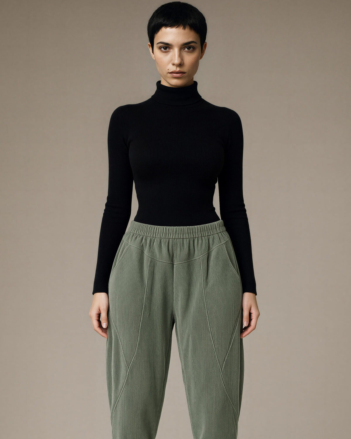 Zoe Elasticated Waist Corduroy Harem Trousers, khaki green color option