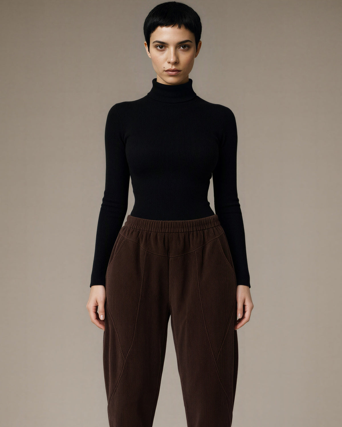 Zoe Elasticated Waist Corduroy Harem Trousers, dark brown color option